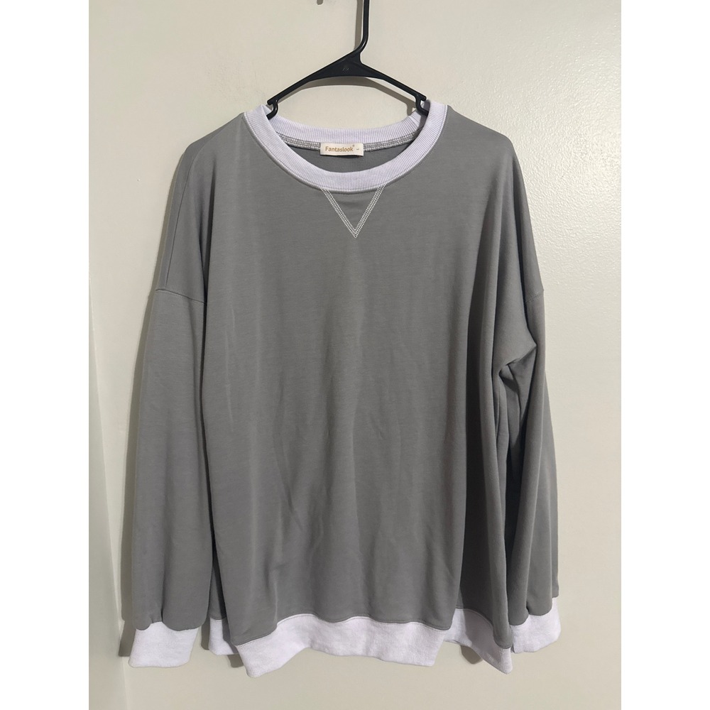 Fantaslook Womens Grey White Colorblock Crewneck Sweatshirt Oversized Size L